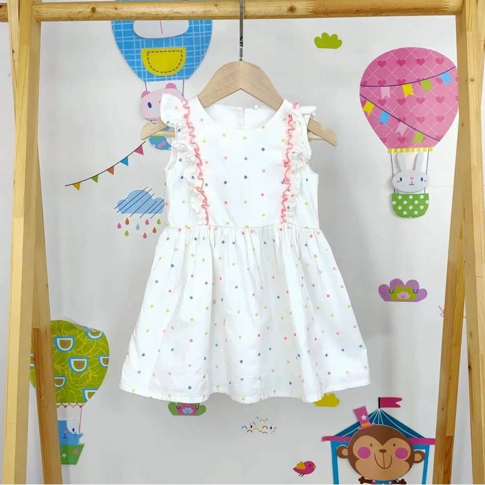 White Polka Dot Kids Dress with Pink Accents 24 Months